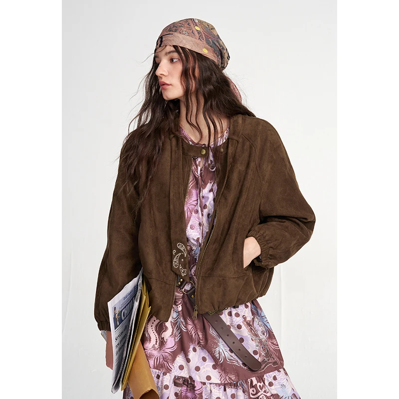 ELFSACK Neo-Chinese Cropped Bomber Jacket with Paisley Print, Vintage Stand Collar Outerwear, Casual Cozy Fall Top