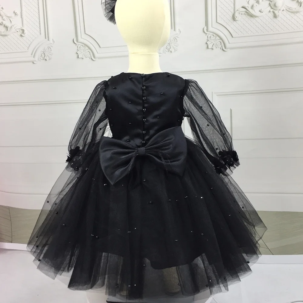 Beads Lace Formal Wedding Princess Dresses Big Bow Birthday Evening Kids Dress for Girl Bridesmaid Children Fluffy Party Gown