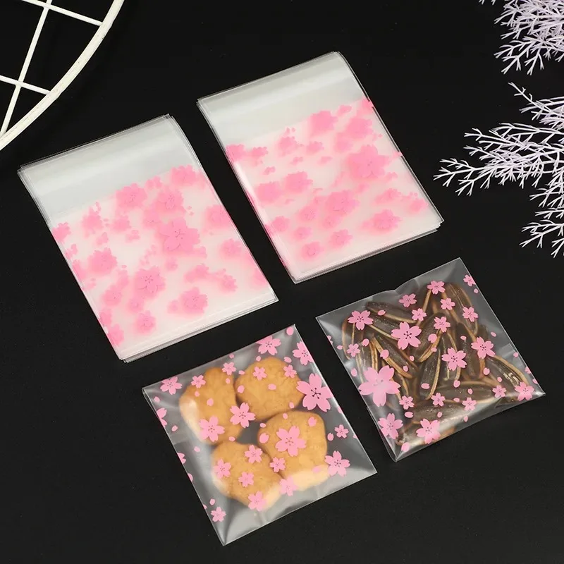  Sakura Transparent Self Sealing Bag Pink Flower Pattern Plastic Bag Candy Cookie Storage Bag Jewelry Packaging Bag100PCS