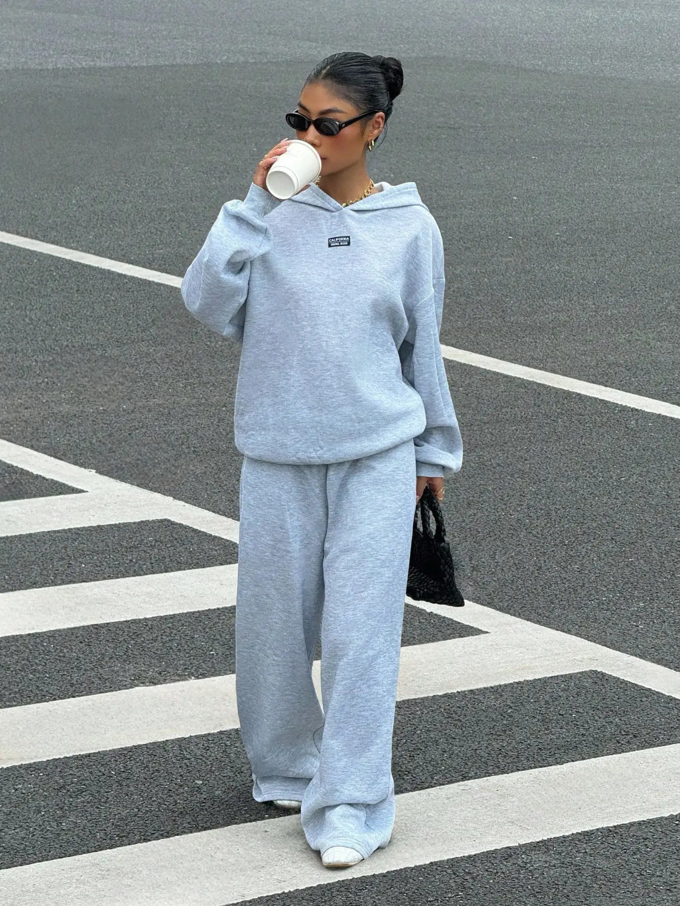 여성용 보온 후드티 & 스웨트팬츠 2피스 세트, 루즈핏, 캘리포니아 디자인, 그레이