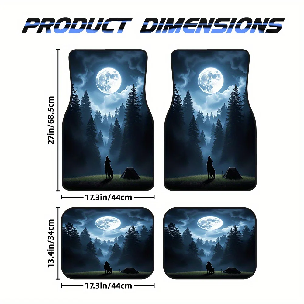 4pcs Car Floor Mats Presenting Wolf Silhouette Camping Night Scene Design, Compatible With Minivans Or Hatchbacks, Offering Easy
