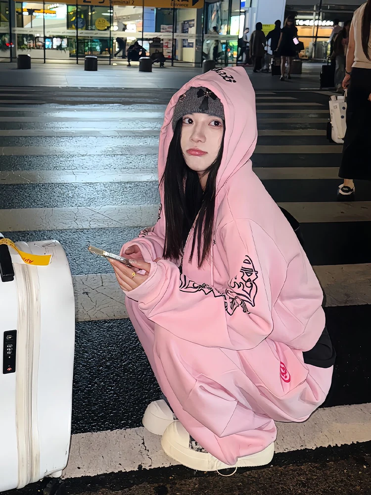 Felpa con Cappuccio Gotica con Stampa di Lettere, Doppia Cerniera, Slim Fit, Outfit Trendy per Ragazze, Giacca con Cappuccio Stile American Gothic