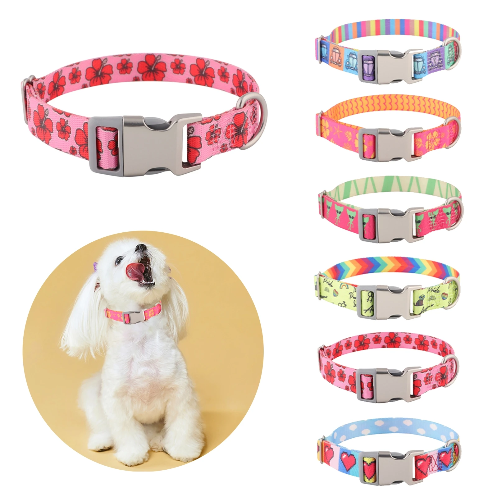 

Stylish Safe Dog Collar Heat Transfer Printing Anti-Slip Buckle Reinforced for Outdoor Walking Pet Products Small Dog Necklace