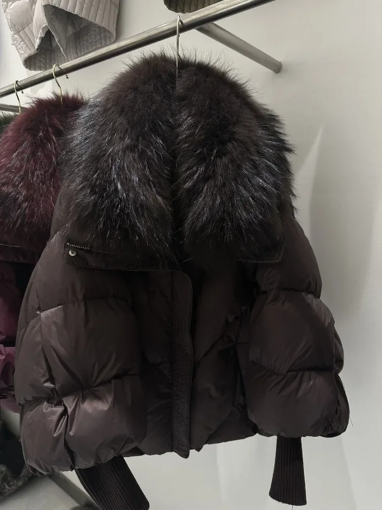 المرأة متماسكة كم رقيق سترة منفوخة كبيرة ريال الراكون الفراء طوق أسفل معطف الإناث فضفاضة موضة جديدة سميكة الملابس الدافئة
