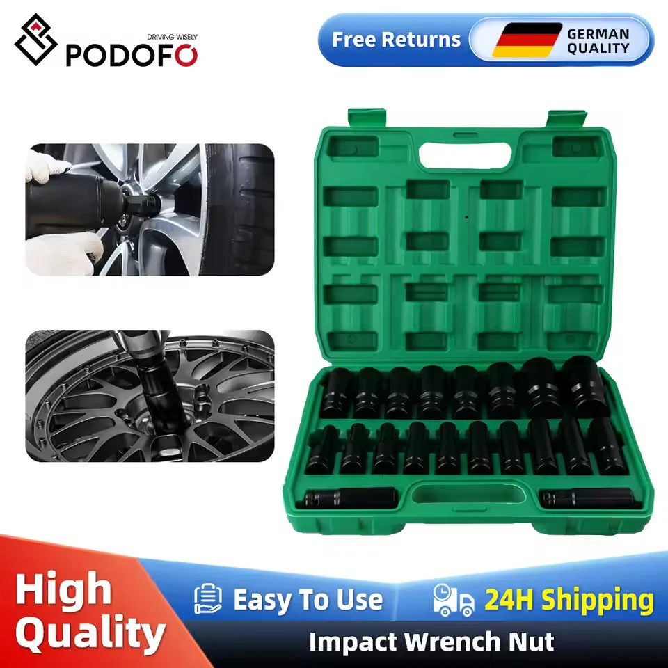 Podofo 20 قطعة/المجموعة 1/2 "محرك 6-نقطة مقبس التصادم مجموعة 8-32 مللي متر أحجام متري الكربون الصلب مقبس التصادم مجموعة مع صندوق تخزين الصلب