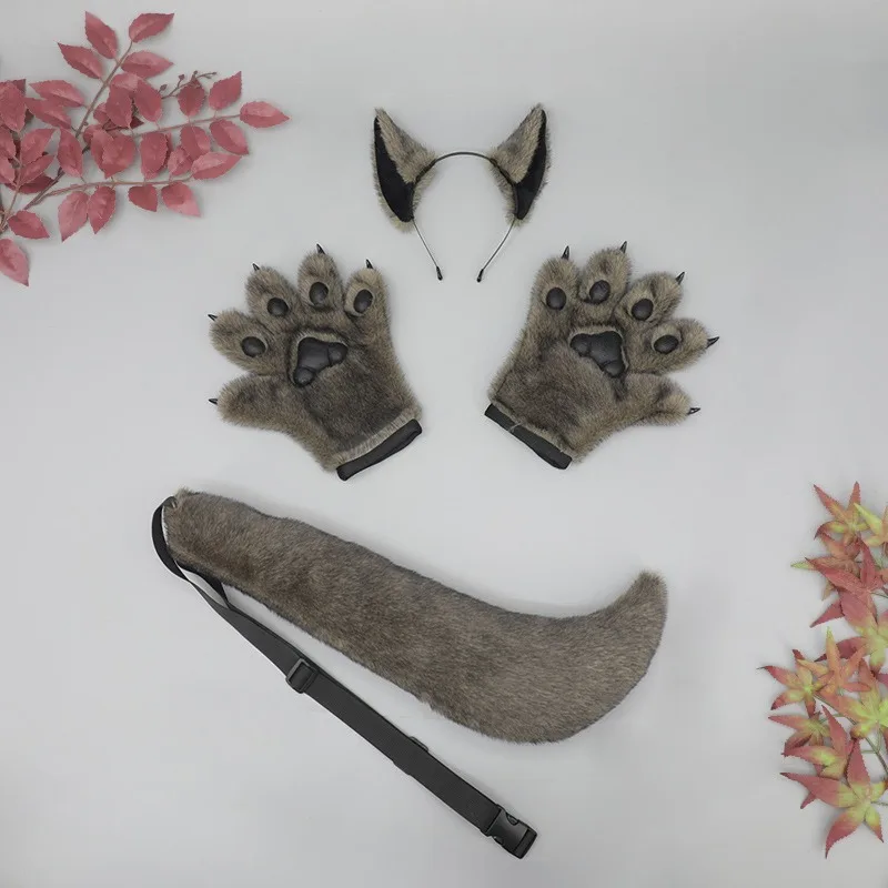 

Werewolf Fox Tail Headwear Glove Adjustable Belt Party Accessories Faux Fur Tail Wolf Costume Animal Props Girl Women Tail