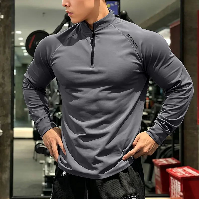 Men Long Sleeve Muscle T Shirt Half Zip Stand Collar Gym Workout Training Quick Dry Breathable Casual Shirts