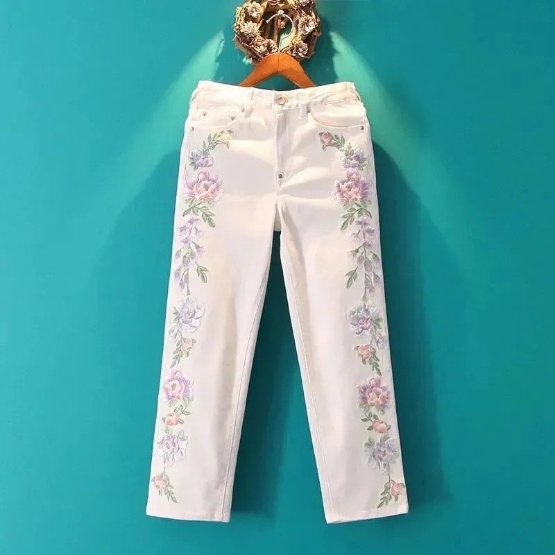 2023 Retro Style Women's Embroidered Flower Jeans Spring Summer Ankle-Length Pants White Straight Pants Casual Denim Pants