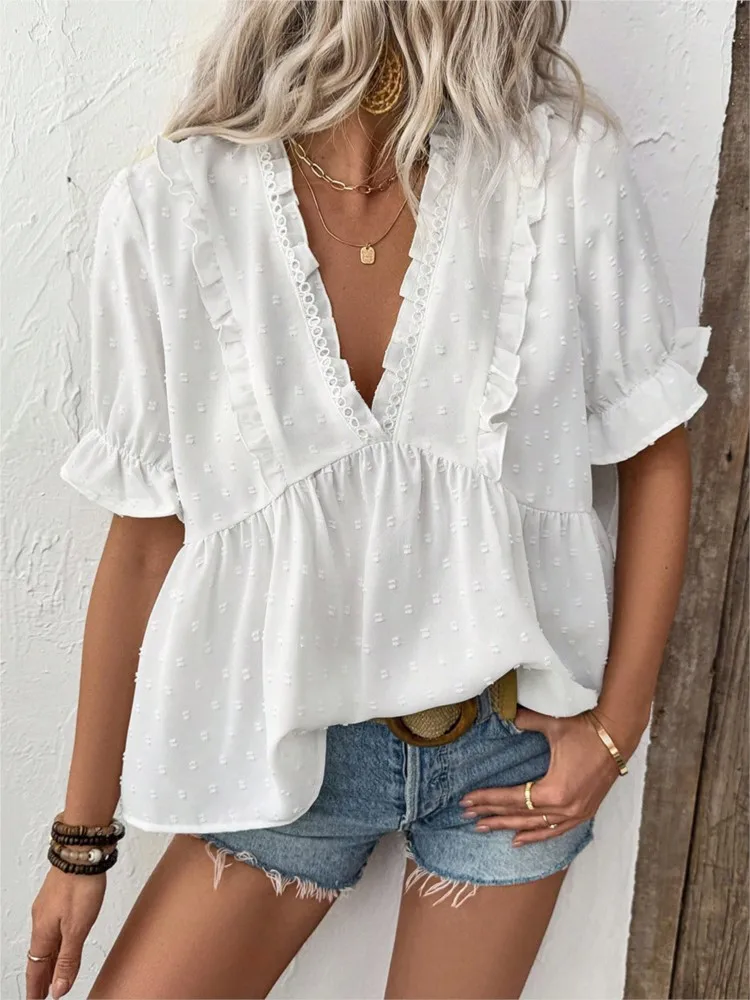 

Women's White Blouse Summer New Casual Loose Fashion V-neck Ruffles Half Sleeve Lace Tops Blouses Femme Elegant Shirts Clothing