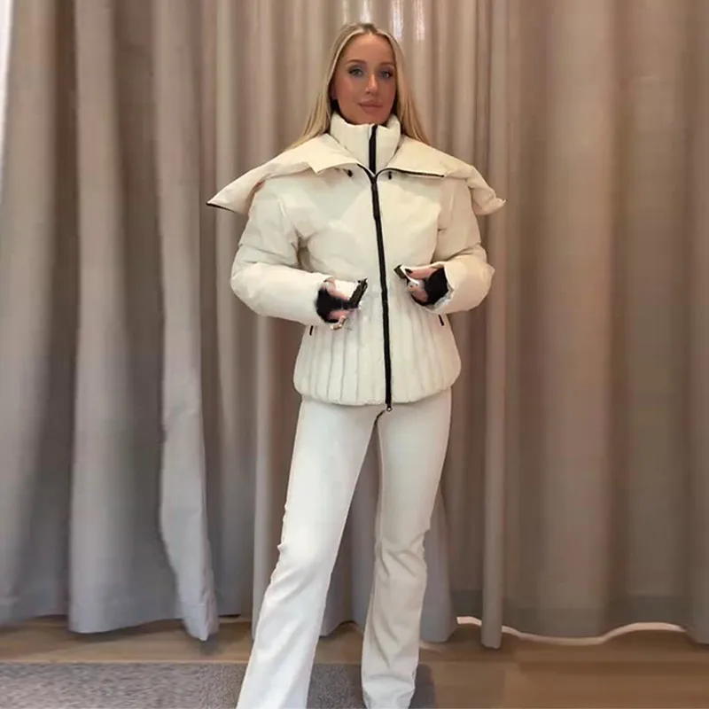 Hooded Skiing Coats Women Solid Stand Collar Belts Pleated Zippers Full Sleeve Thicken Cotton Jacket 2026 Winter Lady Outwears