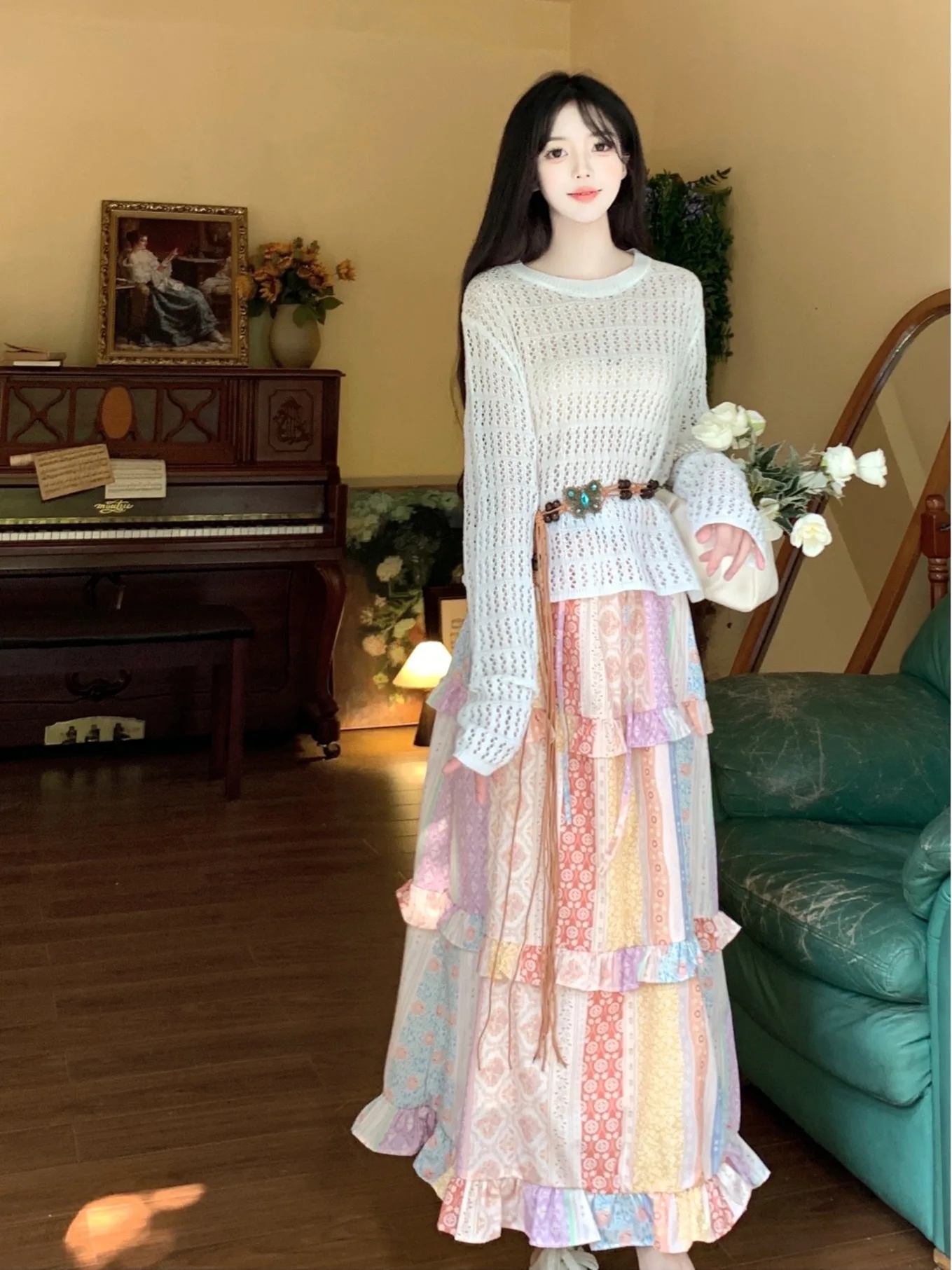 

Женская вязаная юбка больших размеров с круглым вырезом, ажурная, в винтажном этническом стиле, с высокой талией, с клетчатой отделкой, осенняя мода