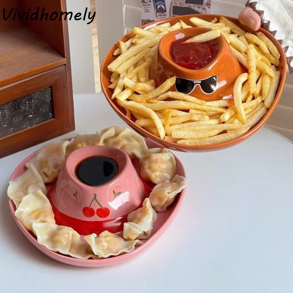 Creative Cowboy Hat Ceramic Tray with Divided French Fry Plate Dumpling Plate Cute Unique Split Plate Hot Pot Side Dish