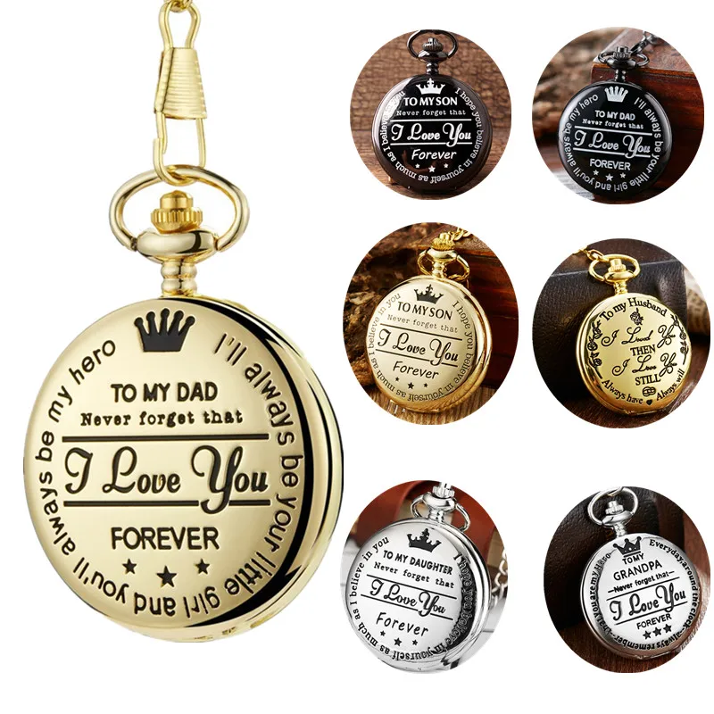 To My Dad I Love You Black Gold Unique Quartz Pocket Fob Watch Necklace Chain Pendant Antique Men Father's Day Present Box Gift