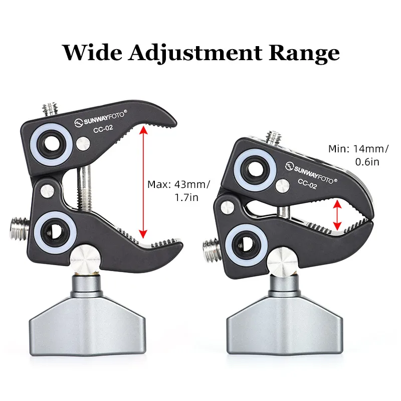 SUNWAYFOTO CC-02 Super Clamp avec trous filetés de 1/4«  et 3/8 », goupille de positionnement pour ARRI Standard pour caméra DSLR, Gopro, microphone