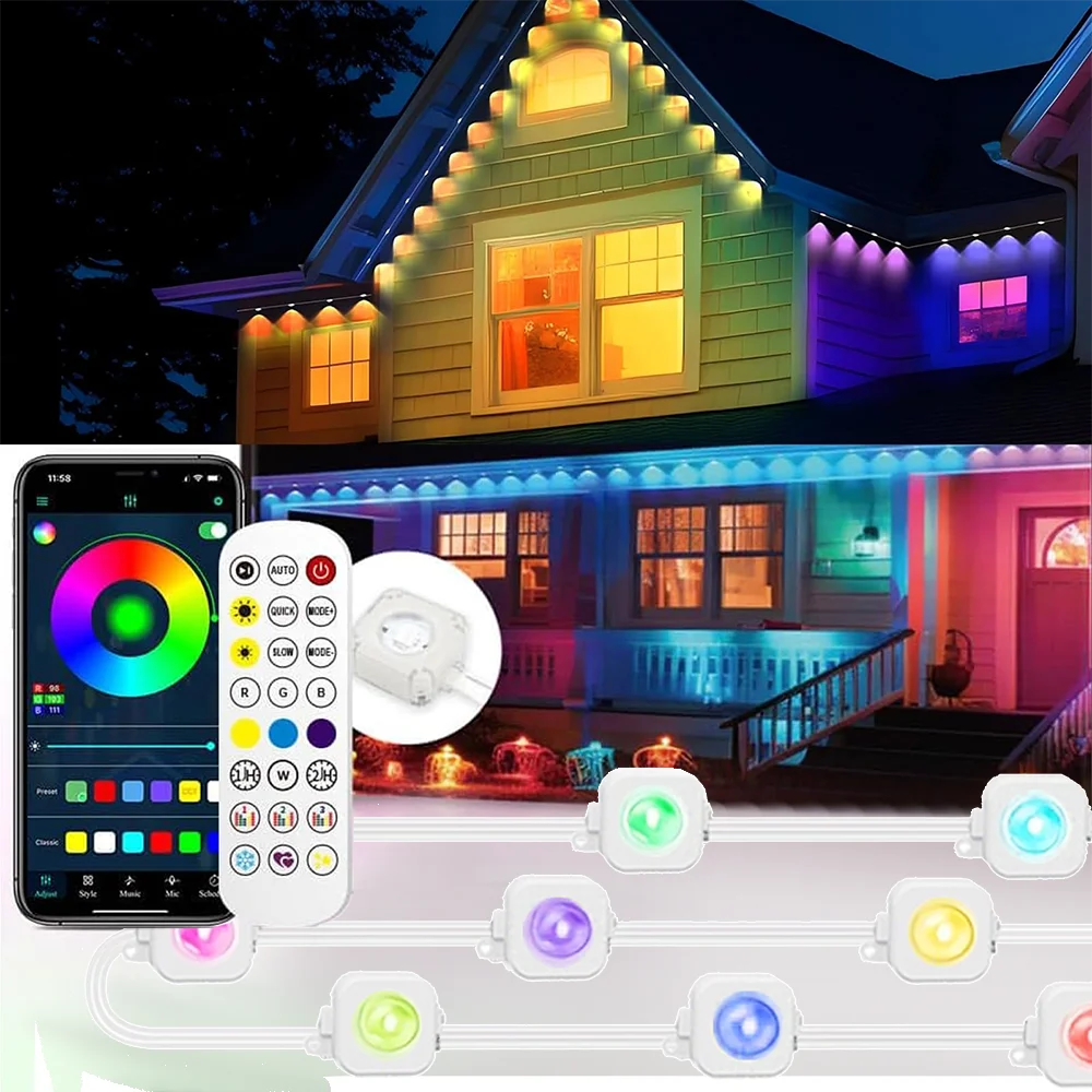 String Waterproof 196FT/147FT/98FT/49FT Permanent Outdoor Lights RGB+IC Smart Christmas Lights for New Year Holiday Decorations。