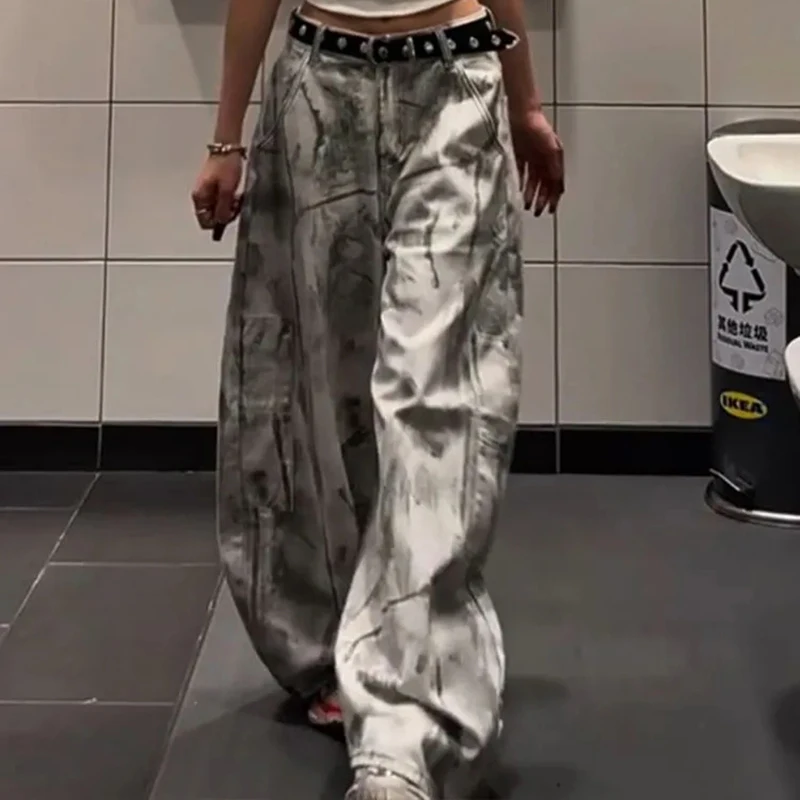 Women Tie Dye Gothic Jeans American Vintage Street Casual Denim Pants High Waist Loose Lazy Wasteland Irregular Wide Leg Pants