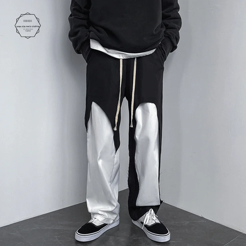 

Bla White Splice Men's Sweatpants Loose Straight Cut High Street Sports Summer Casual Trousers Trendy Korean Sle