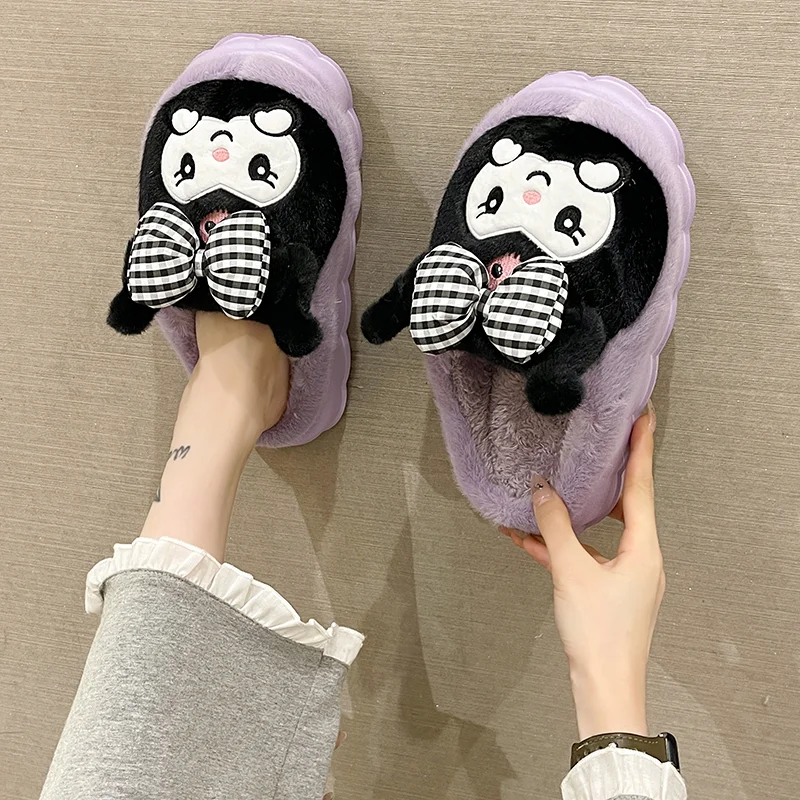 Sanrio Kulomi cute sweet warm home women's shoes big-eared dog cartoon color matching platform plush cotton slippers