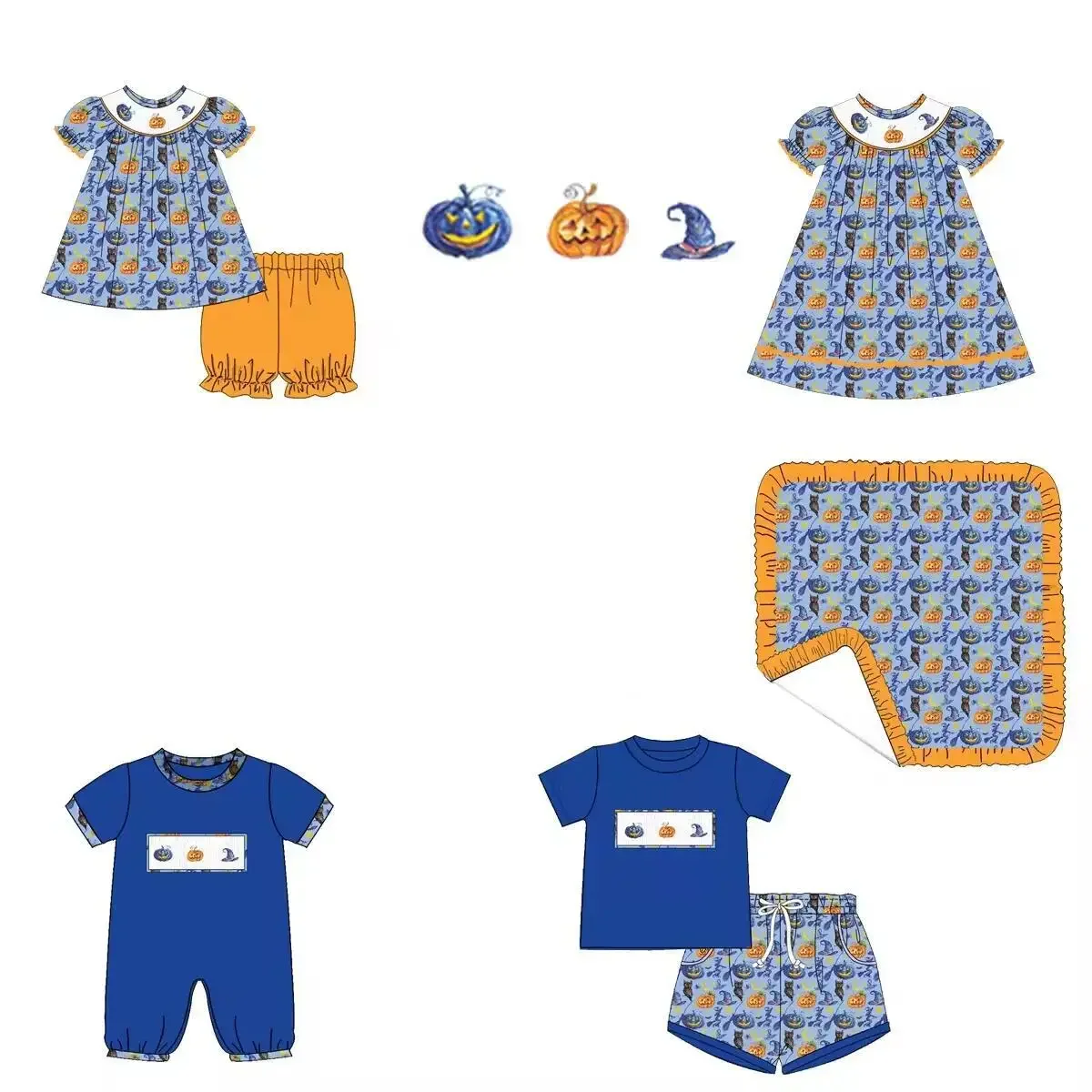 

Halloween New Toddler Costumes Boy Matching Suit Pumpkin Print Blue Costume Boutique baby's Clothes Wholesale