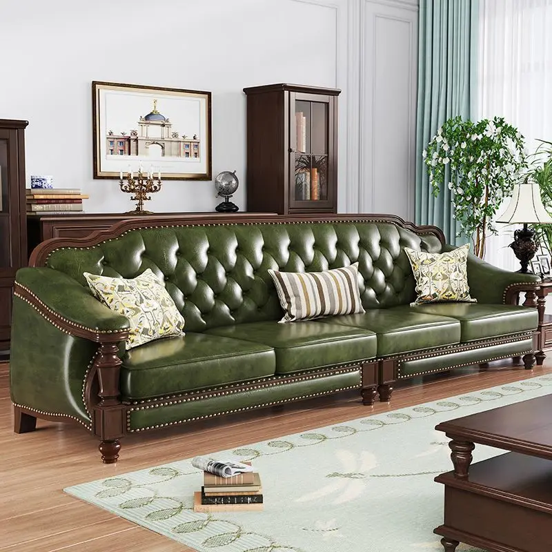 

Leather walnut classic first-layer cowhide mahogany living room American solid wood sofa