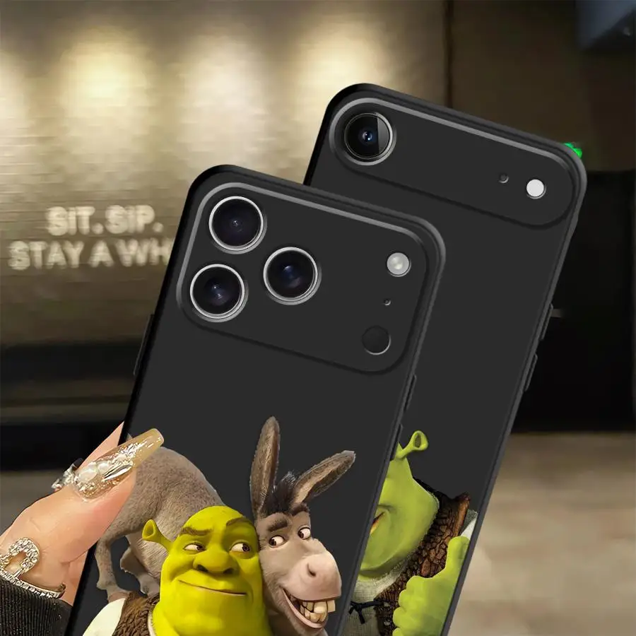 حافظة لطيفة من Fun M-Movie S-Shreks لهاتف iPhone XR 13 12 11 17 Pro Max 17Air XS Max 7 8 15 16 14 Plus غطاء هاتف ناعم أسود