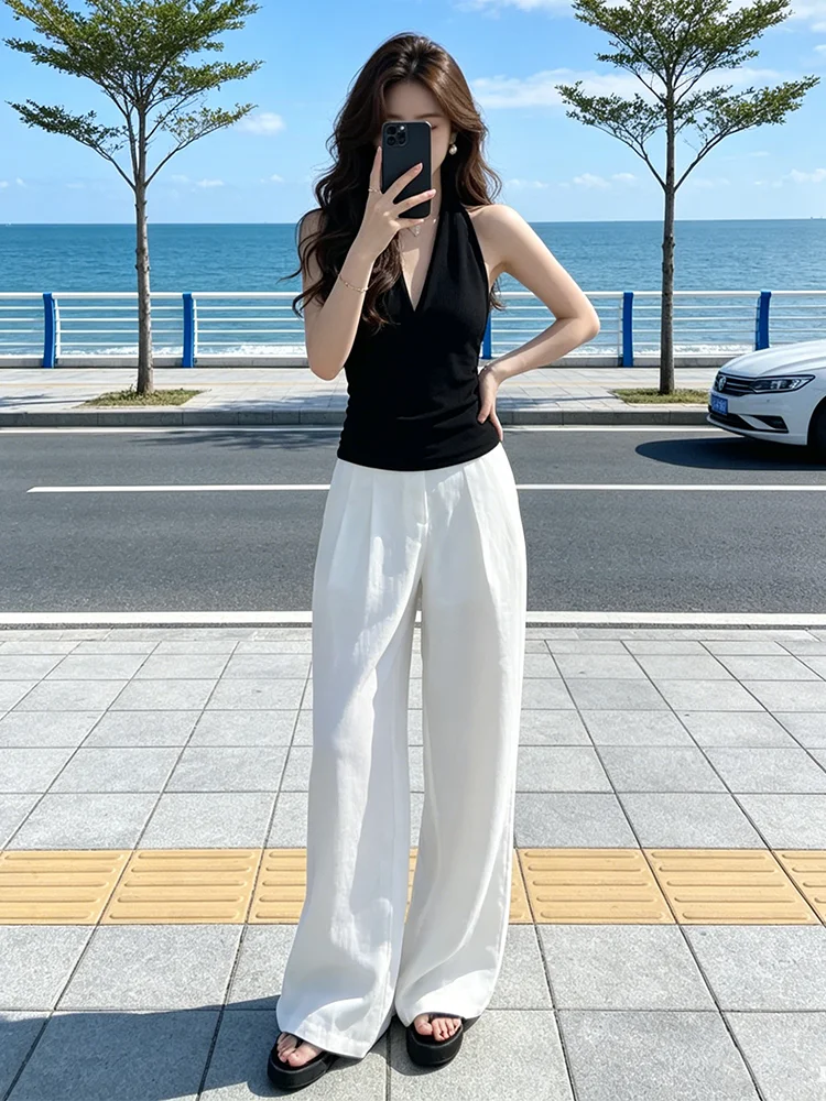 

Stunning Casual Fashion Set Women's Cross V-neck Sleeveless Top High Waist Wide Leg Pants Breathable Mid-weight Summer Outfit