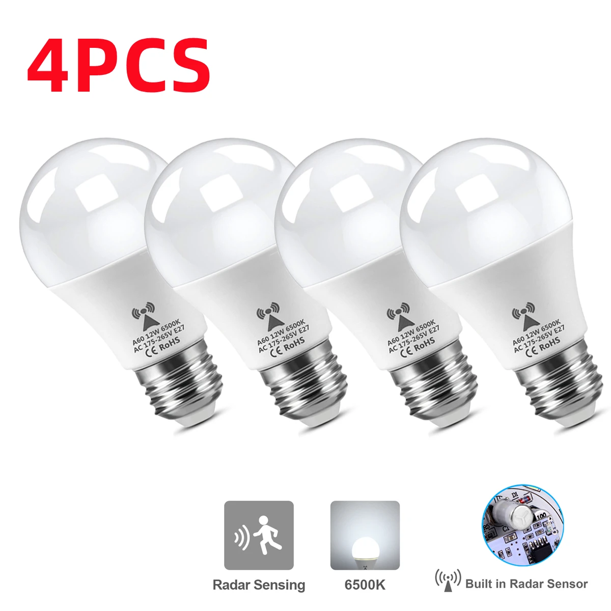 

4Pcs E27 Light Bulb Built-in Microwave Radar Sensor and Light Sensor 12W 100-240V Auto On Off Smart Lamp For Night Hallway Stair