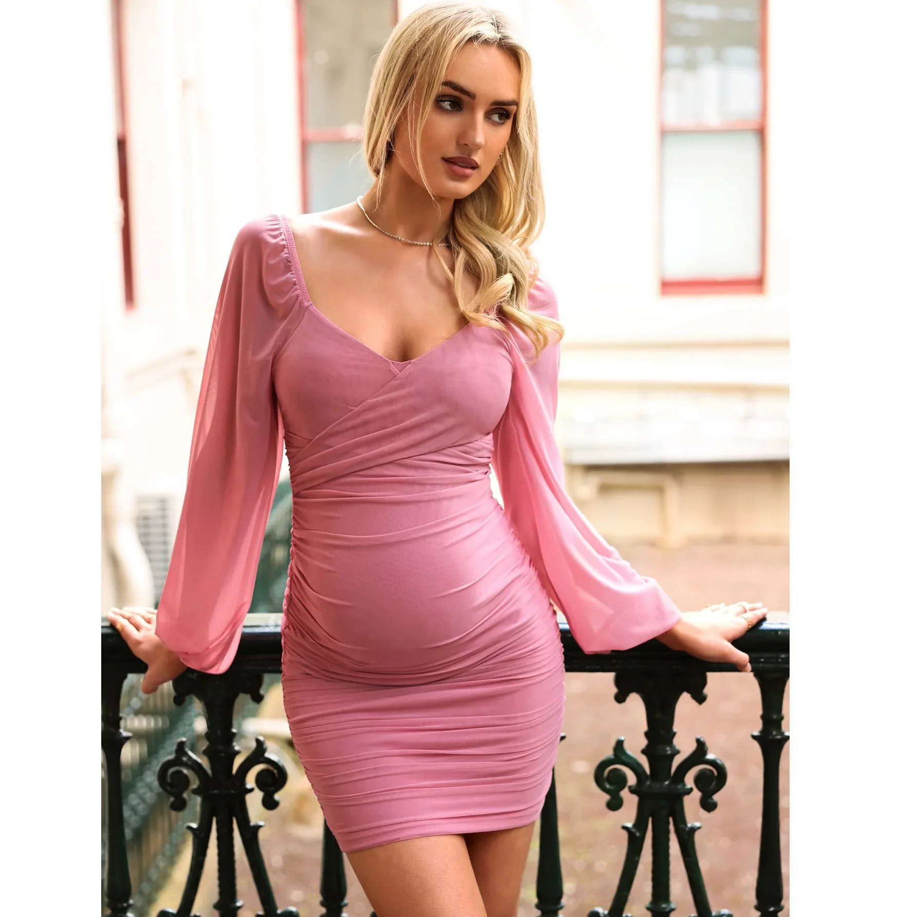 

European and American V-neck Mesh Patchwork Pleated Long Sleeve Dress for Pregnant Women 2024 Autumn Fashion Y2k Youth Pregnancy