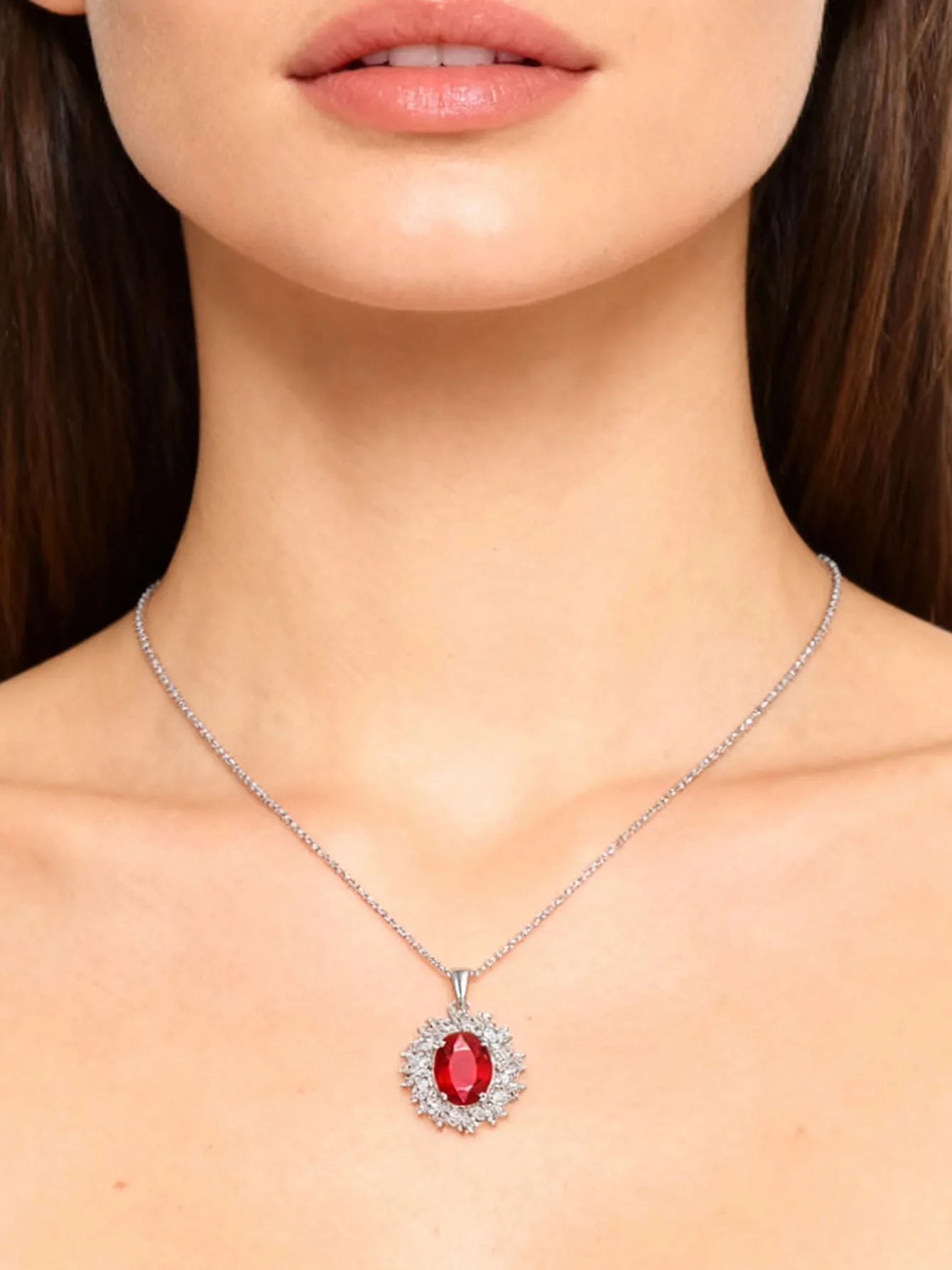 

925 Sterling Silver Birthstone Pendant Necklace: Luxury Red Gemstone-Accented Piece, An Exquisite Valentine’s Day Gift