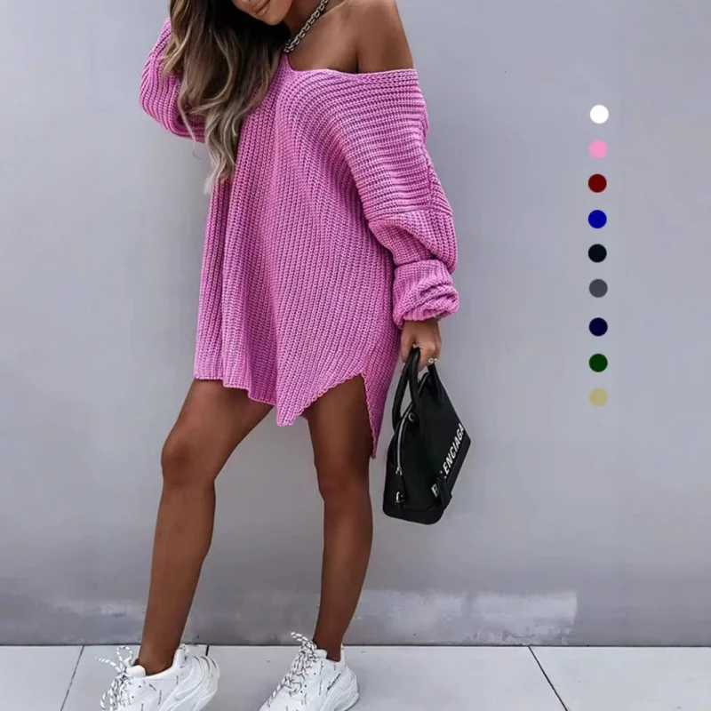

Medium Length Off Shoulder Solid ColorvWomen's Sweater with Split Collar Knitted Top
