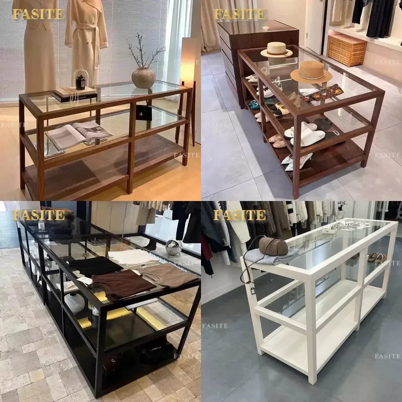 For Clothing Store Glass Island Display Table Jewelry Bag Shoe Showcase Shelf with Flowing Water Feature Retail Shop