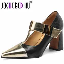 【JOCHEBED HU】New Fashion Women's Genuine Leather Pumps High Heels Pointed Toe T-strap Dress Party Female Shoes Size 33-40