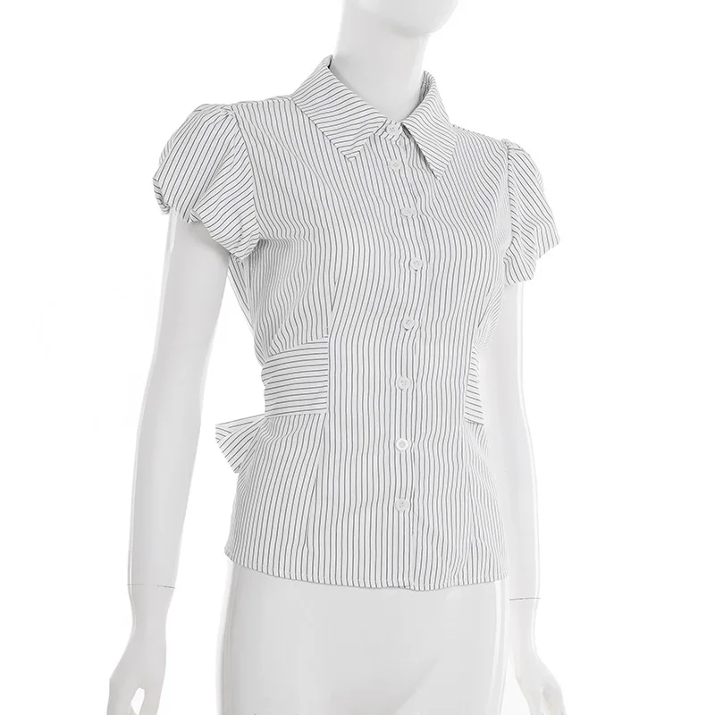 Summer Stripe ButtonUp Shirt Slimming Waist Design Belted FlipCollar Short Sleeve European And American Crossbody Chic Girl's Sh