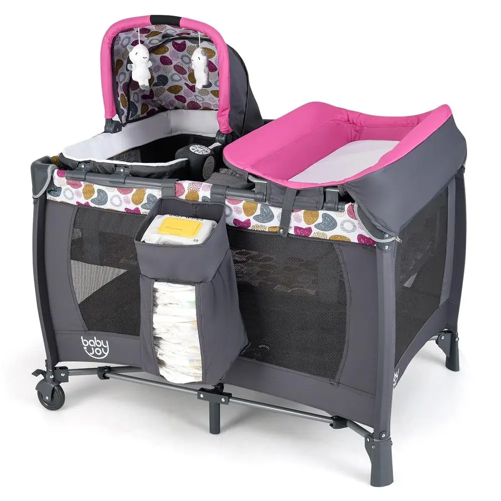 

Portable Pink Playard with Bassinet, Changing Table, and Toys for Baby Girls (Rose Dot Circle)