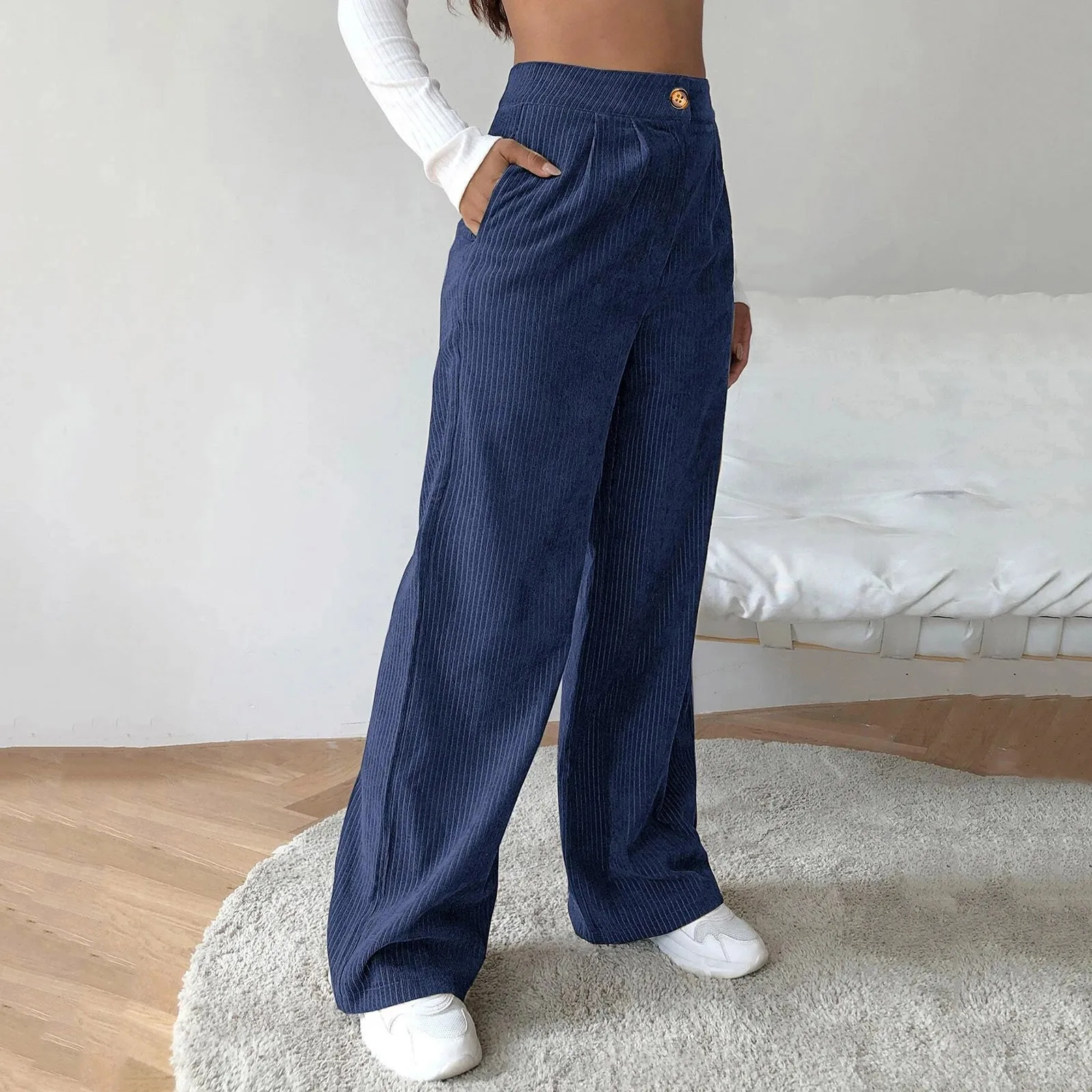 New Women Plus Size Corduroy Pants High Waist Cord Wide Leg Casual Trouser Female Solid Color Brushed Padded Pant