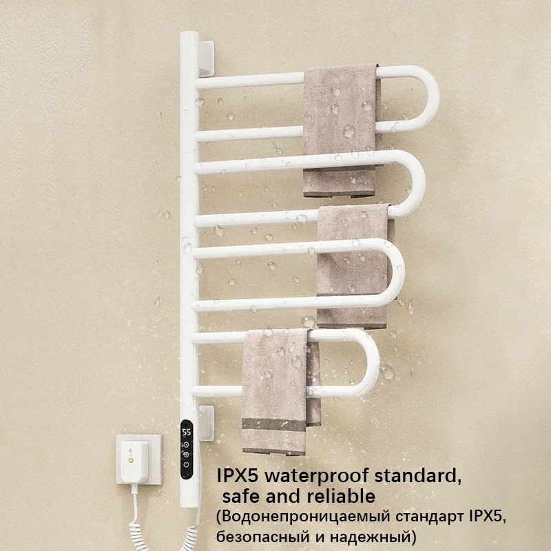 180 Degree Rotatable White Towel Warmer Temperature Time Control Black Electric Towel Rail Bathroom Electric Heating Towel Rack