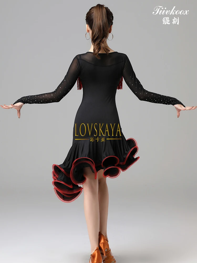 Latin Dance Rok Performance Jurk Vrouwen Sociale Danswedstrijd Dansjurk Rumba Team Performance Sexy Franje Rok