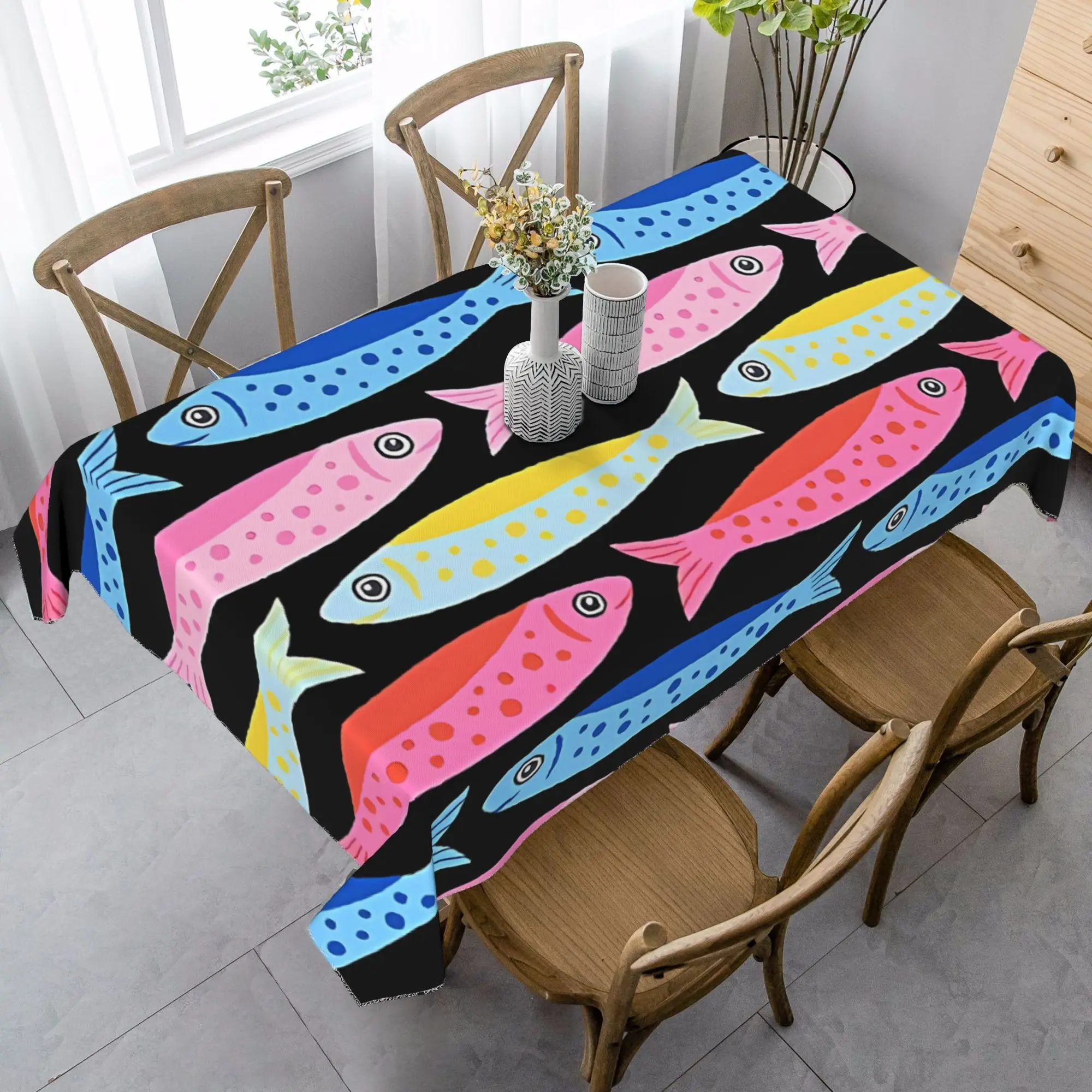 1 Stück bunte Sardine-Fisch-Druck-Tischdecke, Polyester-Tischdecke, lebendiges Tischzubehör, langlebige quadratische/rechteckige Tischdecke