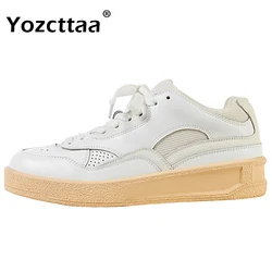 Yozcttaa Size 35-40 Women Casual Flats Sneakers Breath Mesh Leather Athletic Shoes Mid Heels Platform Tennis Lace-Up Hike Dress