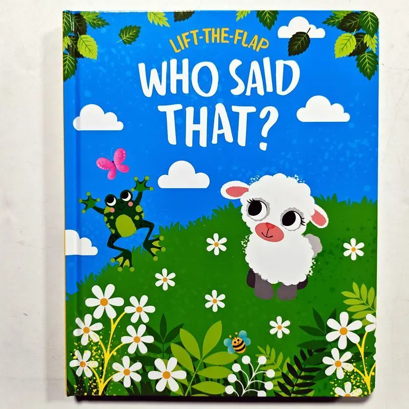 English version of the children's scene cardboard flip book WHO SAID THAT?