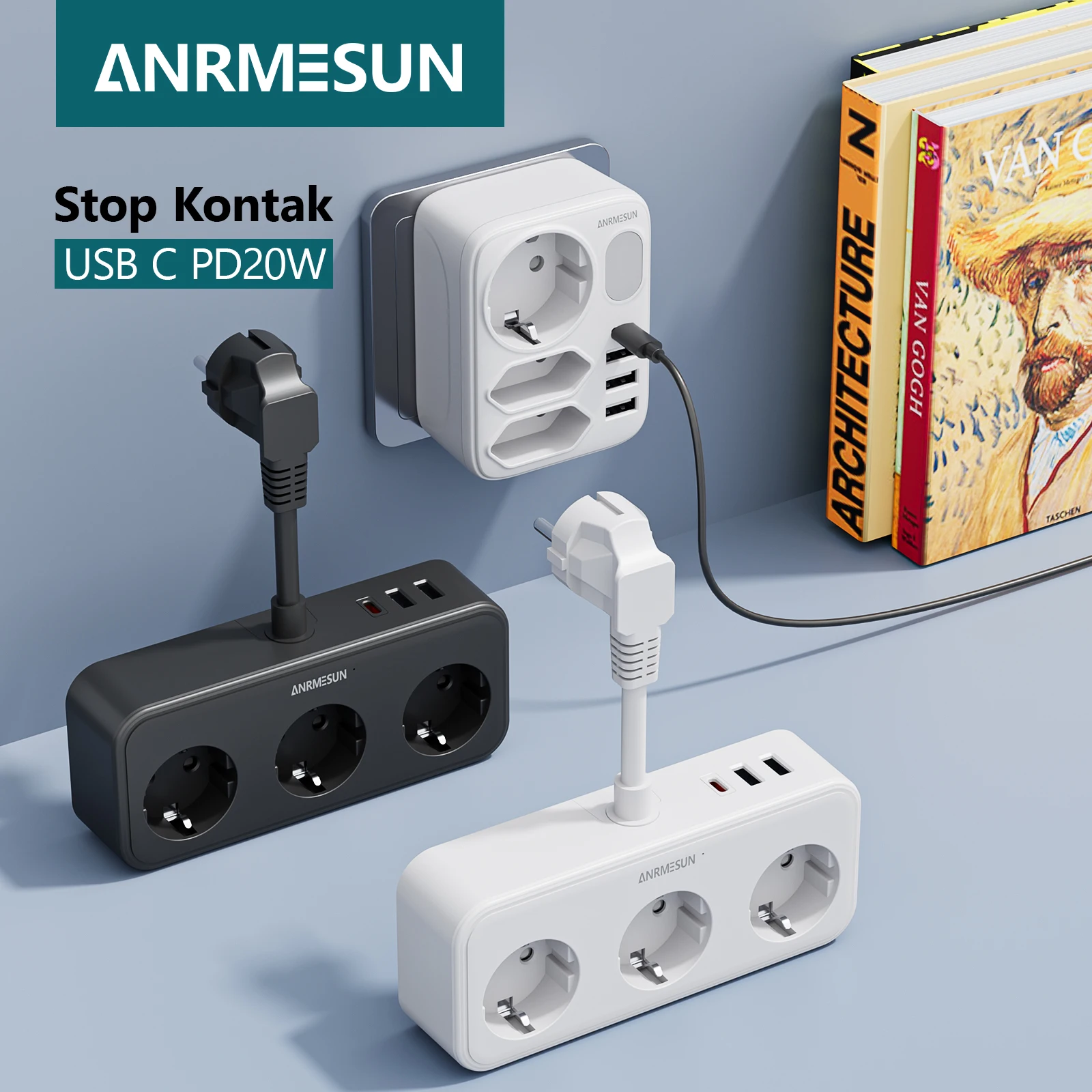 ANRMESUN Power Strip EU Plug AC Outlets Multitap Socket Extension Wall Plug With USB Type C PD Fast Charging Adapter
