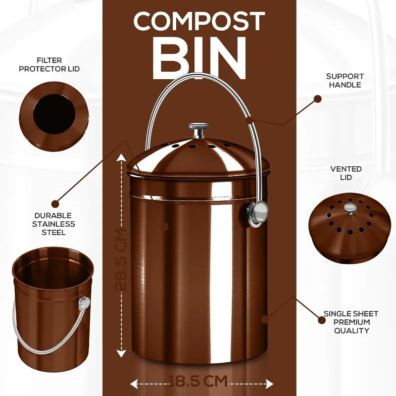 1.3 Gallon Compost Bucket for Kitchen with Lid - Includes 1 Spare Charcoal Filter (Copper) Bundle Pack of 6