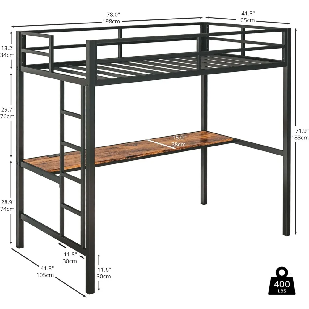 Loft Bed Twin Size with Desk, Metal Loft Bed Frame with Power Outlet and LED Lighted, Space-Saving, Noise Free, Black