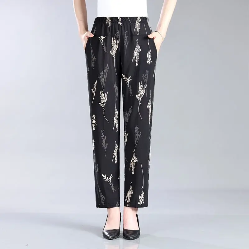 2024 Summer Thin Middle Aged And Elderly Women's Pants High Waist Loose Straight  Pants Grandma Elastic Casual Printed Trousers