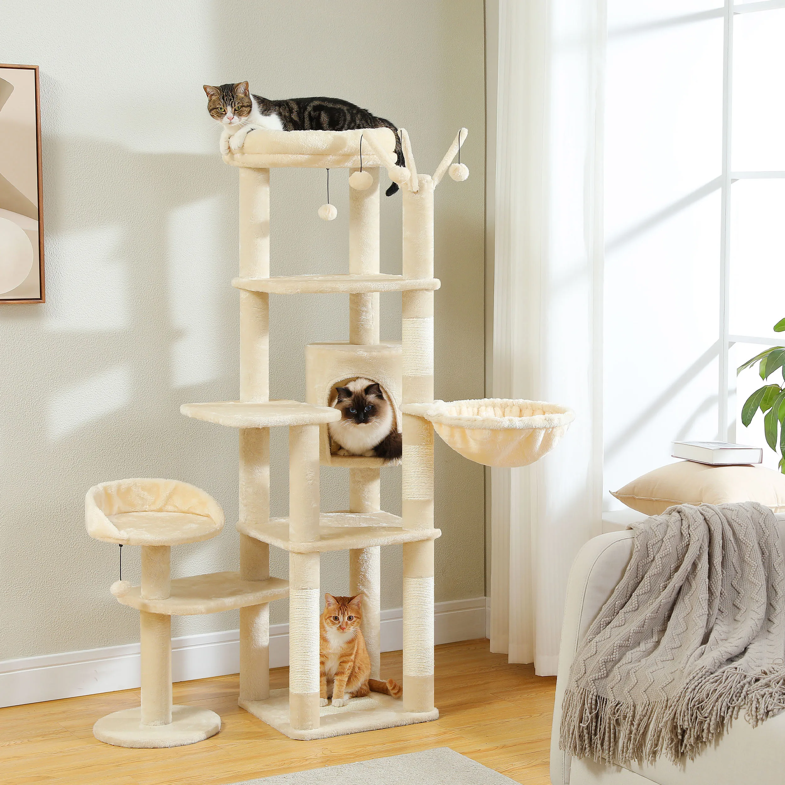 Cactus Tall Cat Tree for Large Cat Multi-Level Cat Tower for Indoor Cats Cat Condo with Large Hammock Scratching Post  2 Perches