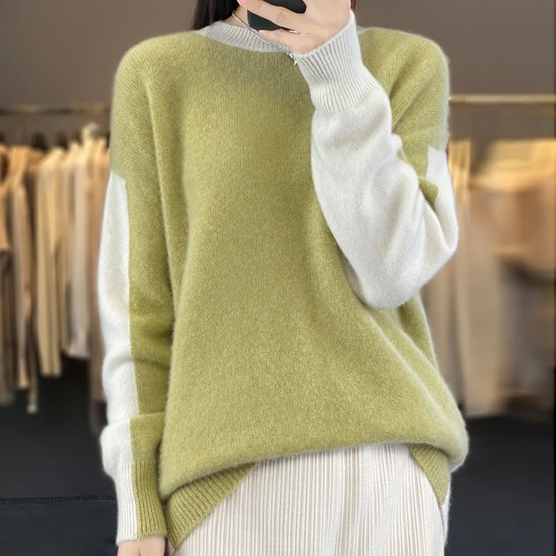 

FRSEUCAG brand 100% Pure Wool Sweater Women's O-Neck Pullover Colored Knitted Loose Full Sleeve New Women's Cashmere Sweater