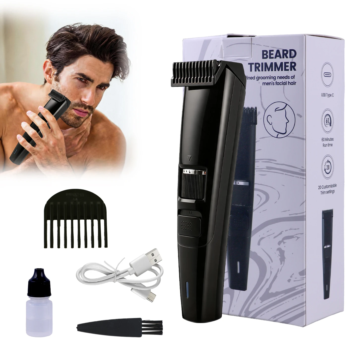 OMUONE The Beard Men's Beard Trimmer - 20 Length Adjustable Cordless Clipper for Facial & Body Manscaping