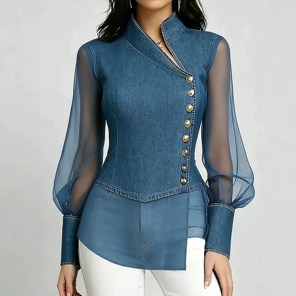 

Streetwear Denim Organza Sheer Mesh Blouse Women Long Sleeve Button Decor Stand Collar Slim Fit Casual Daily Wear Top