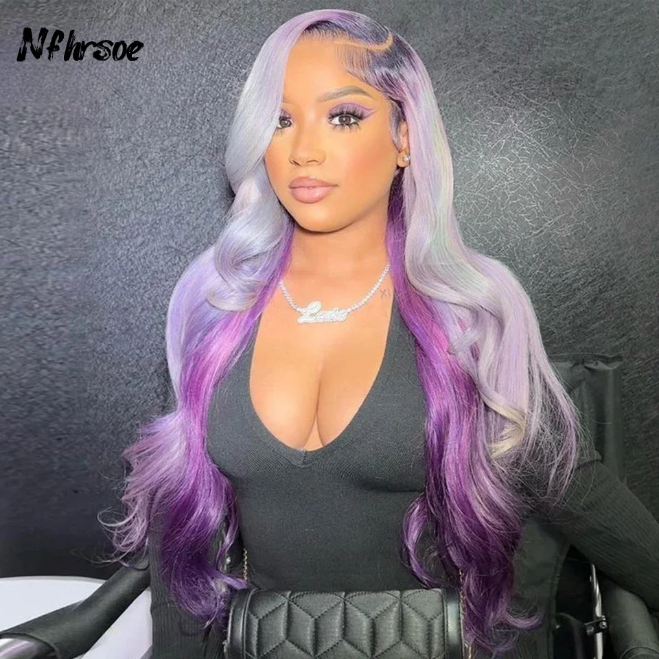 

180 Плотность Предварительно выщипанные бразильские цветные человеческие волосы Парик Серый Фиолетовый Объемная волна 13x4 HD Кружевные фронтальные парики для женщин Косплей