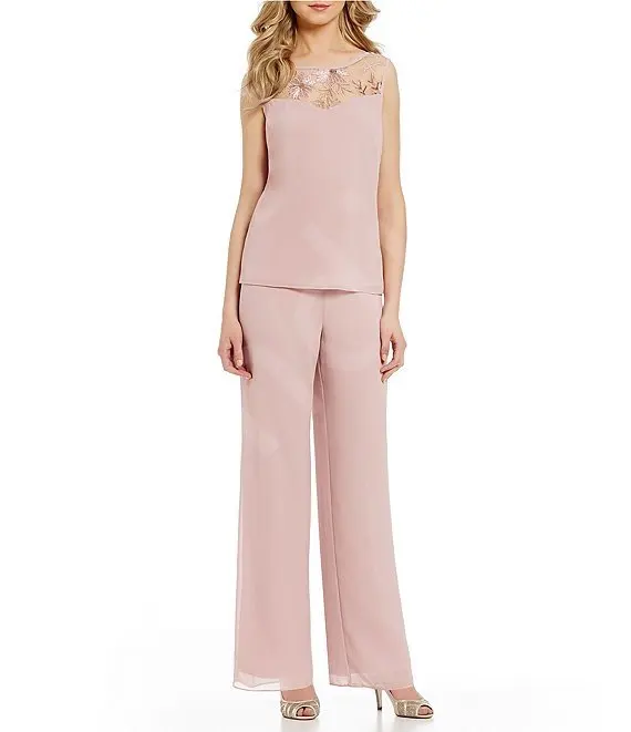 Aangepaste Elegante Blush Roze Moeder van de Bruid Outfit 3 Stuks Jurken Stromende Chiffon Jacket Verfraaide Top Bruiloft Evenementen